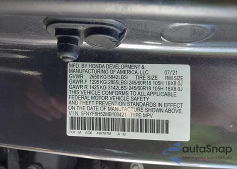 2021 Honda Pilot Awd Ex-L from USA, damaged, VIN 5FNYF6H52MB100421